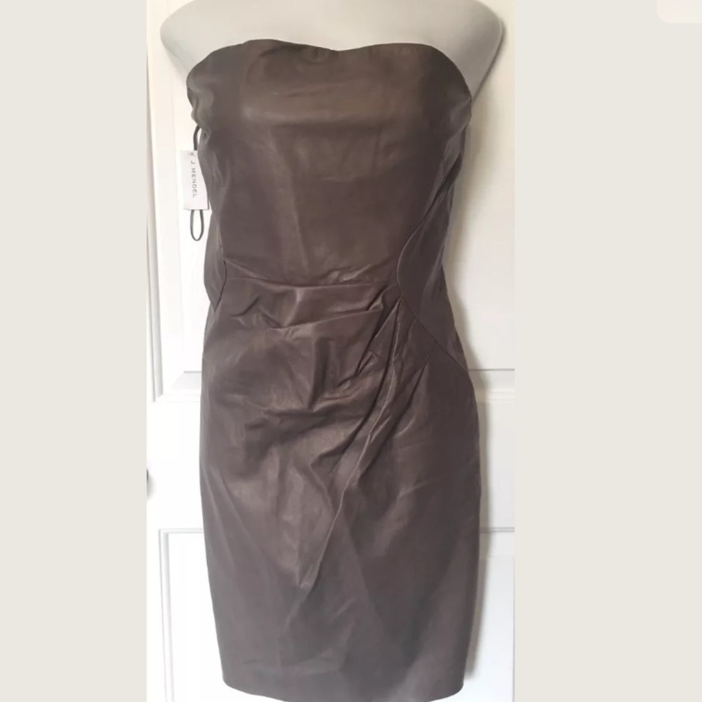🆕👑 J. Mendel Vintage Designer Walnut Genuine Leather Strapless Classy Dress
